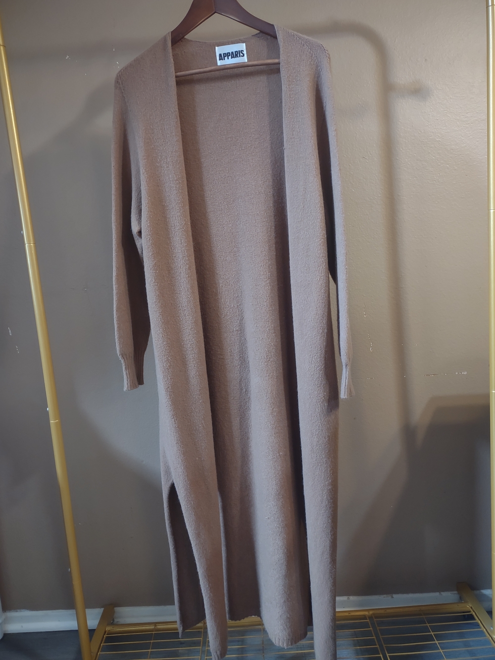 Apparis Long Camel Open Cardigan Vegan Cashmere Duster Slit Sides - Picture 3 of 11